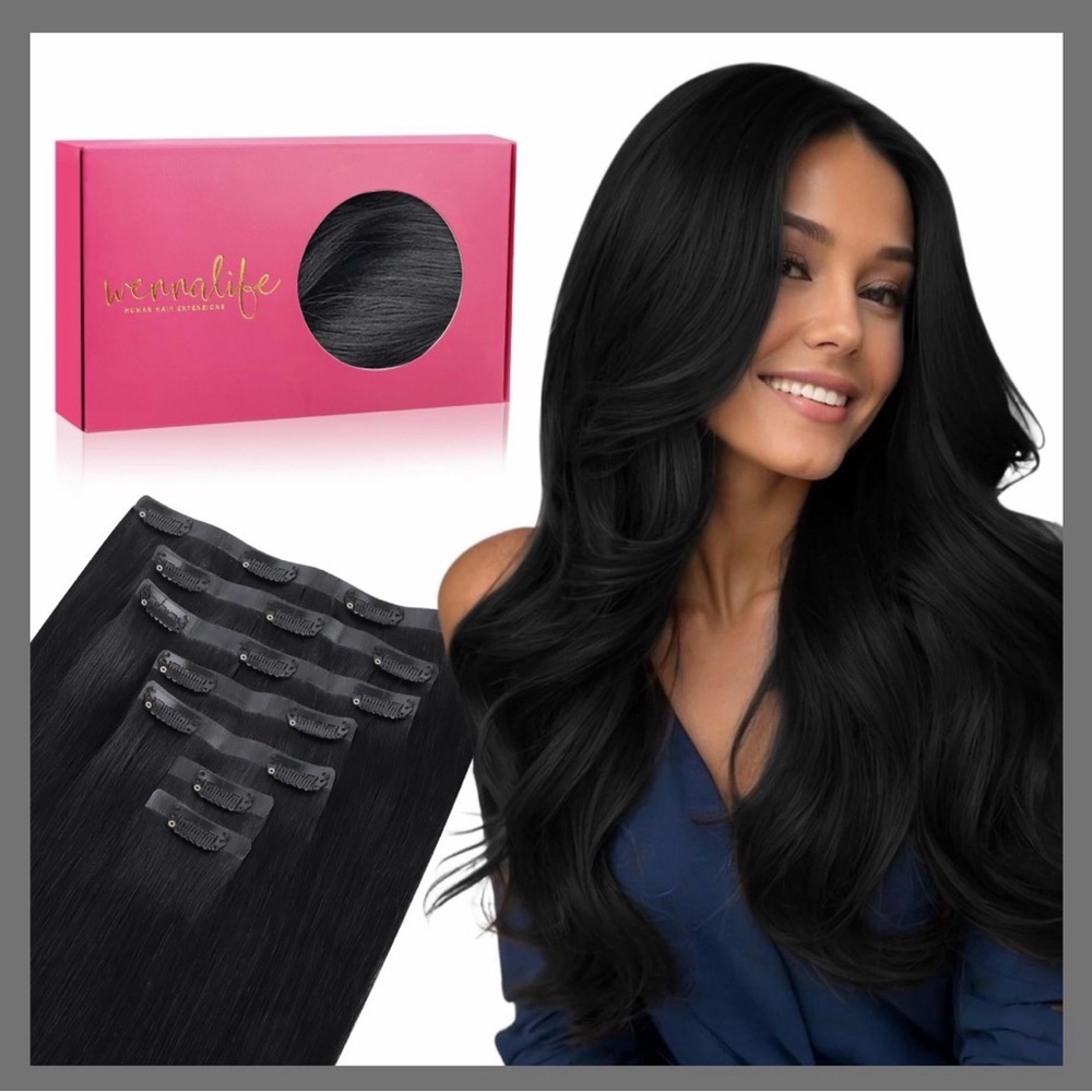 WENNALIFE Seamless Clip In Human Hair Extensions,22”150g 7pc Jet Black Weft Remy